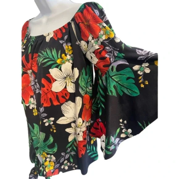 Off The shoulder Navy Floral Top Small Ruffle Tie Front Resort Feminine Tropical - Picture 4 of 10